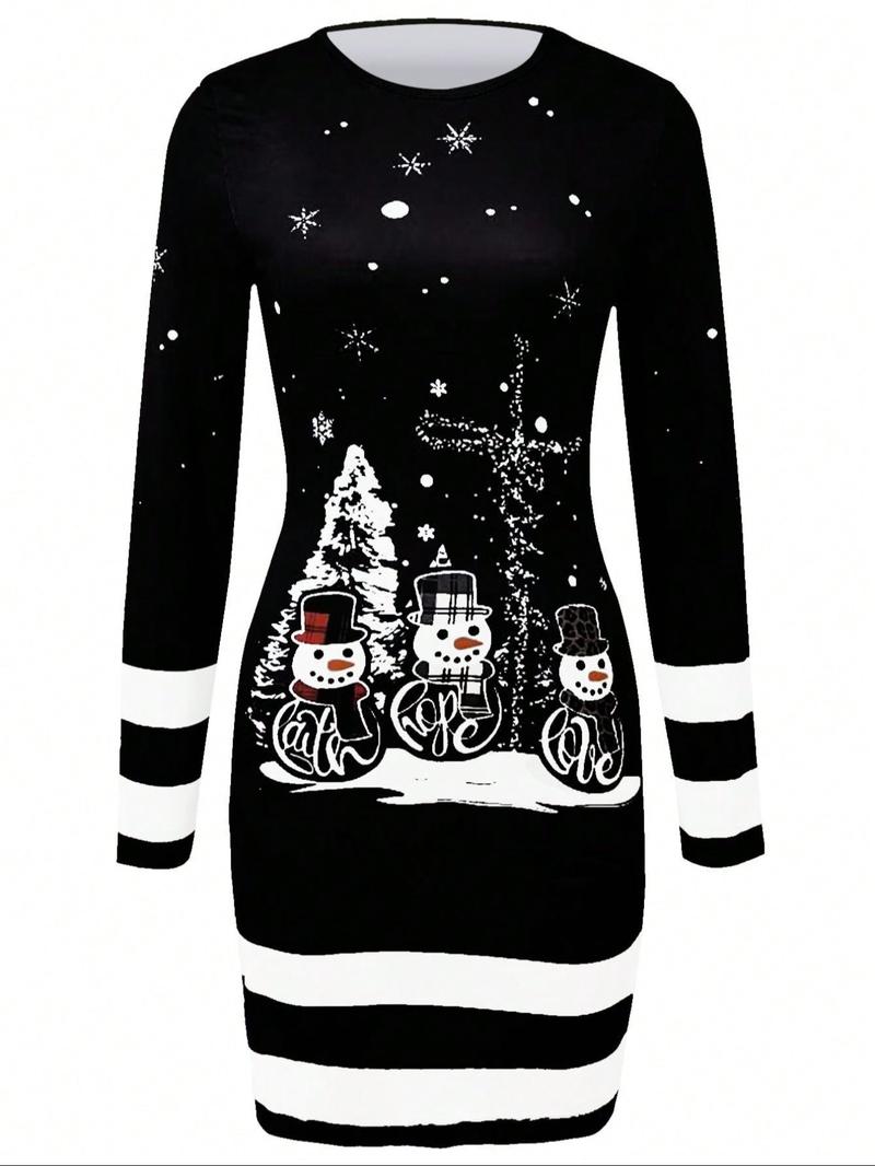 Women's Casual Christmas Print Striped Fitted Dress, Small Snowman Cartoon Print, Long Sleeve, Short Length, Fall Winter Holiday Wear