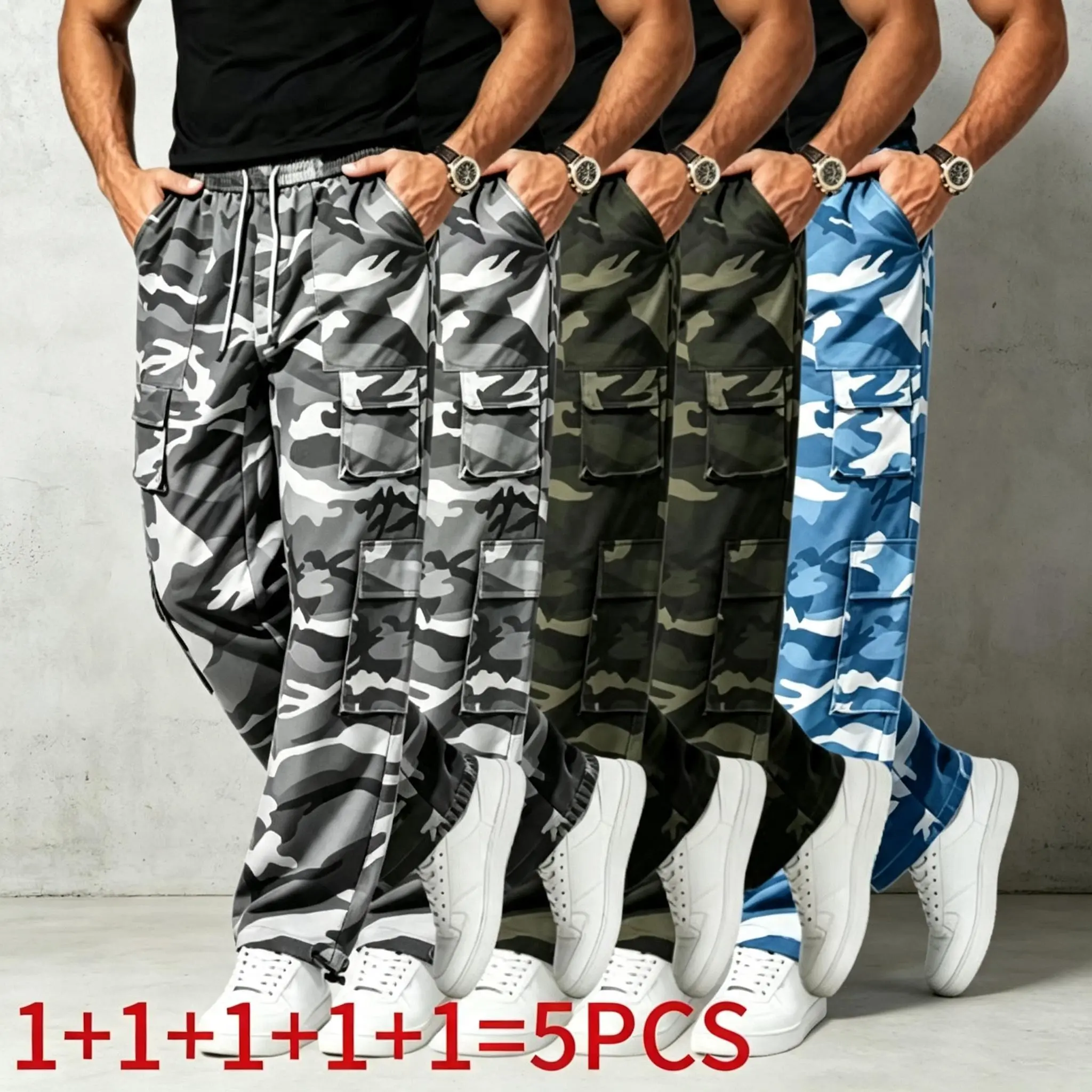 5-Pack Men's Camo Cargo Jogger Pants | Tactical Streetwear Style, Elastic Drawstring Waist, Multi Utility Cargo Pockets, Lightweight Camo Trousers for Everyday Wear & Outdoor Adventures