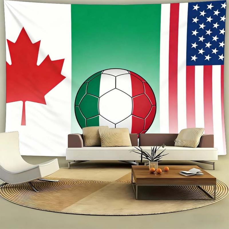 1 pc microfiber FIFA World Cup Tapestry Wall Hanging Soccer Flags Decor Living Room Dining Room Bedroom Outdoor Holiday Atmosphere Enhancement Green Red White American Canadian Flag Soccer Ball Art Multinational Sports Theme Stylish Decorative Background