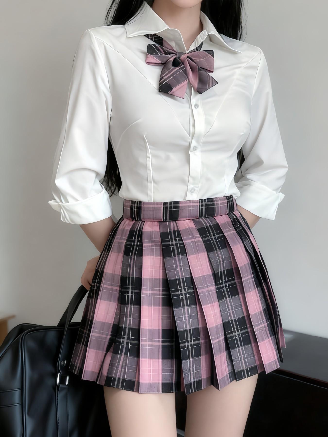 Campus Jk Uniform Set, Long Sleeve Shirt, Plaid Skirt, Bow Accessory, Preppy Style, All Seasons, Student Role Play