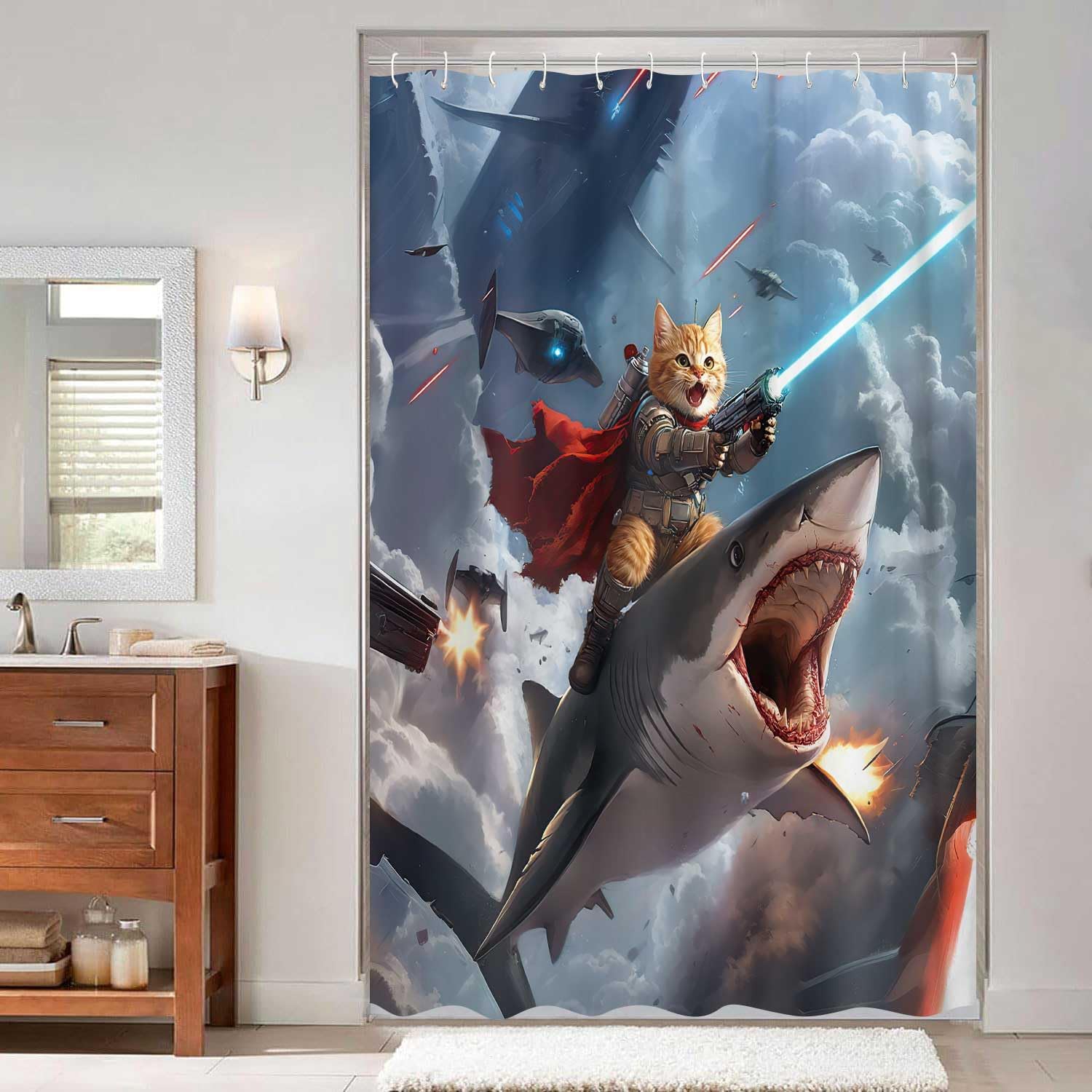 Funny Cat Knight Riding Shark in Space Battle Shower Curtain - Humorous Cat Laser Gun Galaxy Print, Waterproof Fabric Bath Curtain with 12 Hooks | Novelty Kids Bathroom Decor #showercurtain #catmeme #sharkdecor #spacecat #funnybathroom