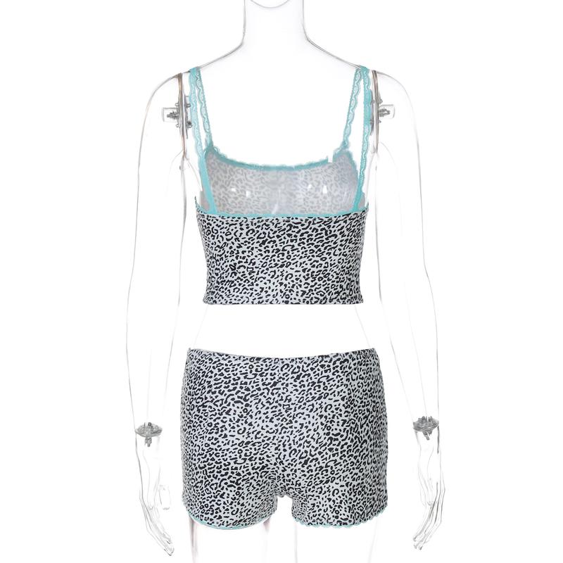 Sexy Casual Leopard Print Cami Top & Mid Waist Shorts Two Piece Set Contrast Lace Straps Trim for Women Summer Beach Vacation Outfits Party Dating Y2K Bodycon Suits