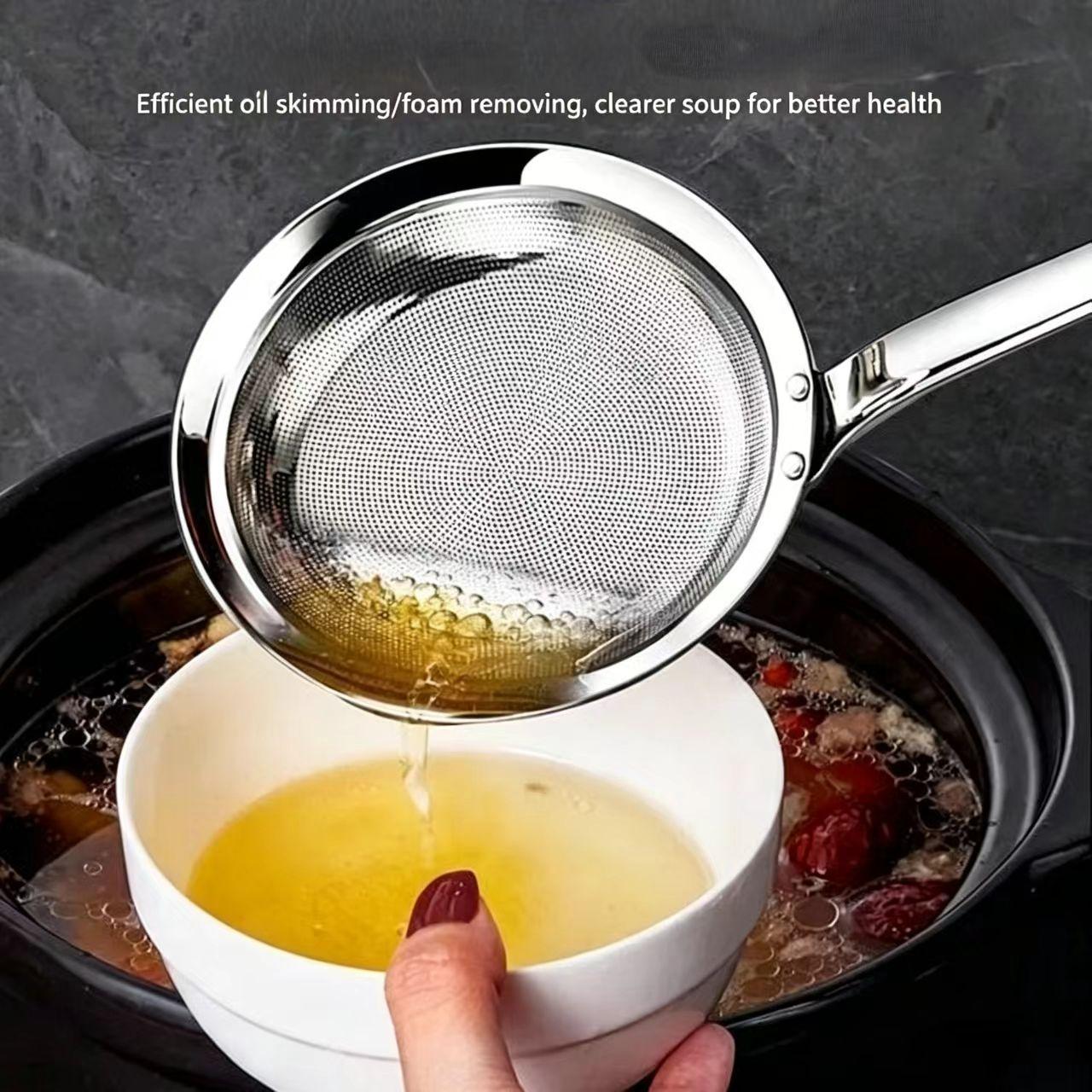 Multi-Use Stainless Steel Fine Mesh Strainer Ladle, Anti-Scald Long Handle Skimmer for Oil, Broth, and Food Residue, Ideal for Home Cooking and Frying