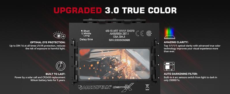 ARCCAPTAIN Large Viewing Screen Welding Helmet HSH-S800 1/1/1/1 Optical Clarity 4 Arc Sensor 1/25000s Response True Color Auto Darkening Welding Mask for Men / Dad - Welding Helmet, Compatible with welding cap, Jumpstartsale