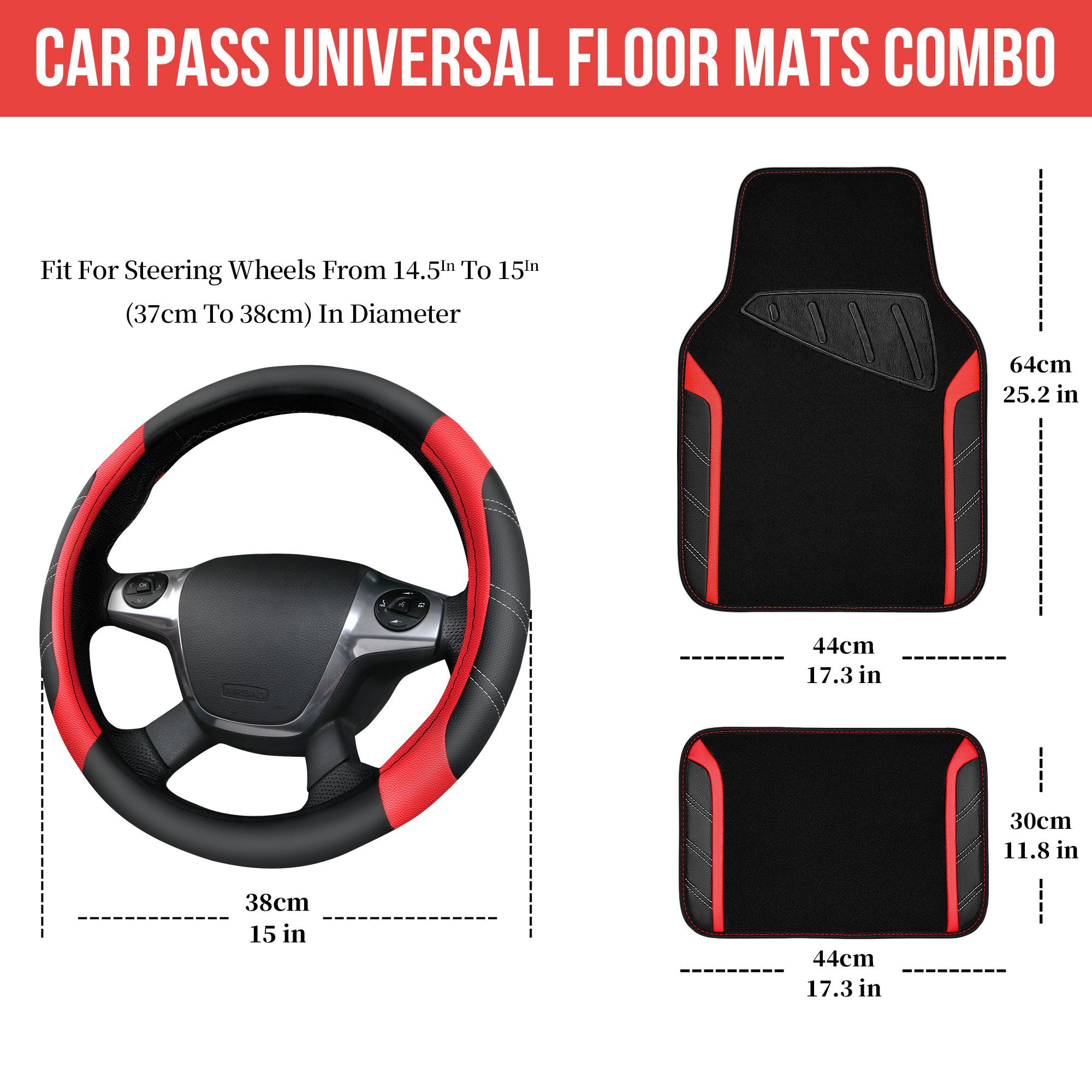 CAR PASS 5pcs Leather Steering Wheel Cover and Waterproof Car Floor Mats,fit for 95% Sedan,SUV,Cars,14.5-15inch Sporty Anti-Slip Safety Comfortable