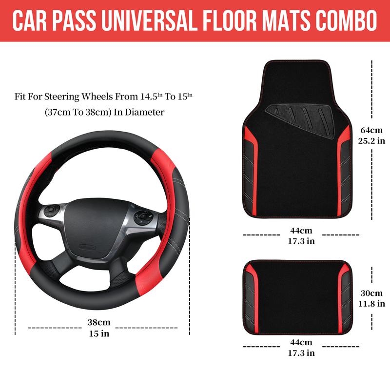 CAR PASS 5pcs Leather Steering Wheel Cover and Waterproof Car Floor Mats,fit for 95% Sedan,SUV,Cars,14.5-15inch Sporty Anti-Slip Safety Comfortable