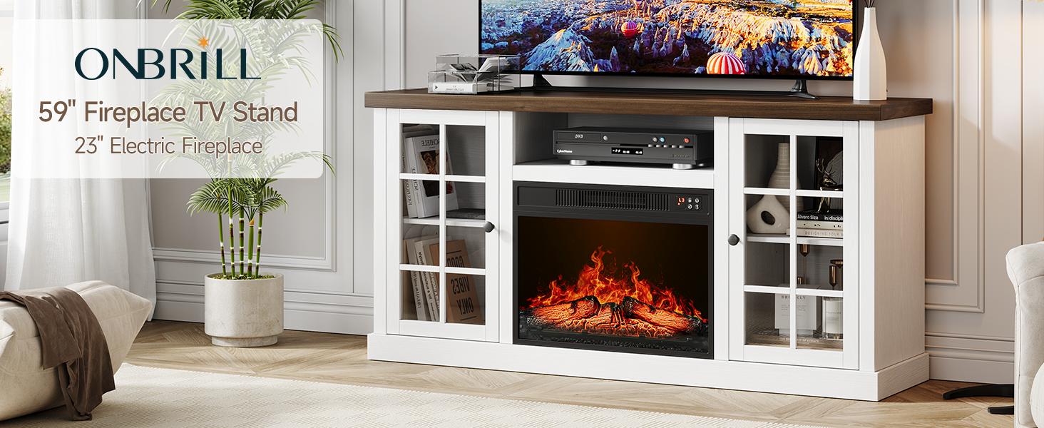 【SPRING GLOW UP】ONBRILL 59 Inch Fireplace TV Stand, Entertainment Center with 23 Inch Electric Fireplace, TV Table for TVs up to 65 Inches, Media Console Cabinet with Storage and Glass Doors for Living Room