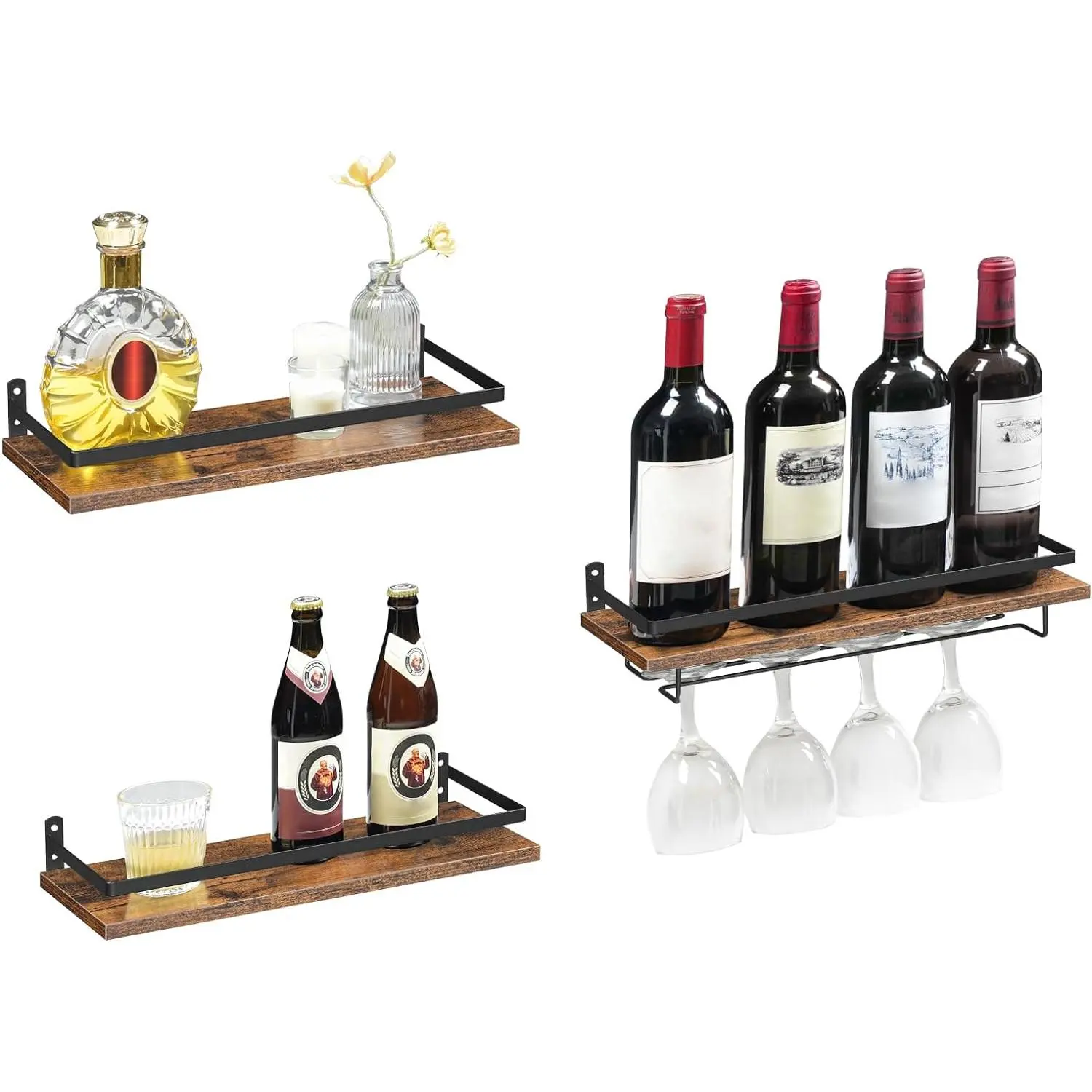 Wall Mounted  Rack 3 Pack,  Rack with Glass Bottle Holder |   Shelves with Stemware Hanger,  Display Storage Rack for  Bar, Kitchen, Dining Room, Rustic Brown