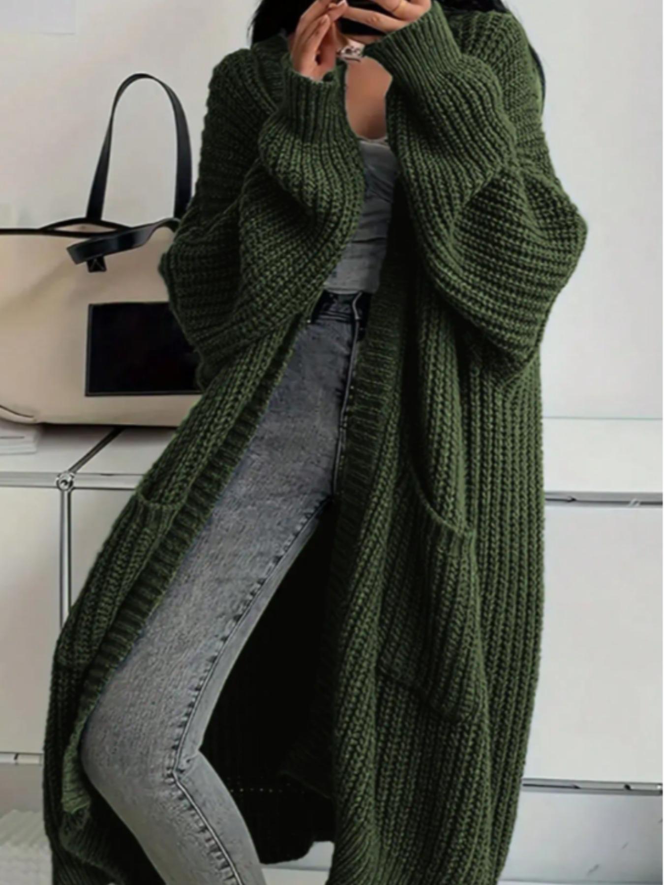 2026 Elegant Long Over Knee Sweater Cardigan For Women, Fall Winter New Casual Loose Thick Knit Coat, Trendy Fashion Outerwear, Knitted Cardigan Tops