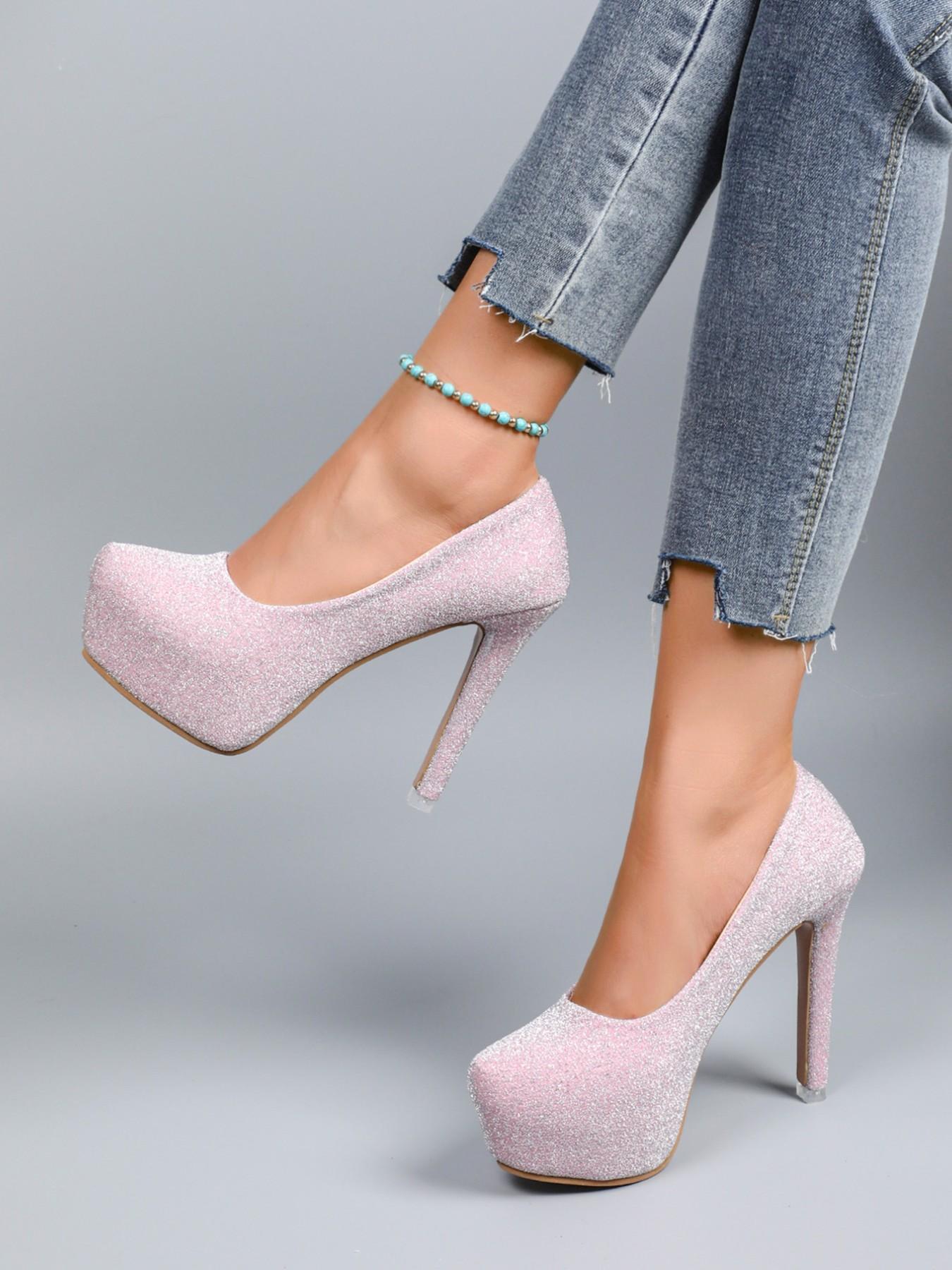 12cm High Heel Women's Shoes, Fashionable Round Toe, Sparkly Crystal Sole, Waterproof Platform, Slimming Thick Bottom, All-Season Style