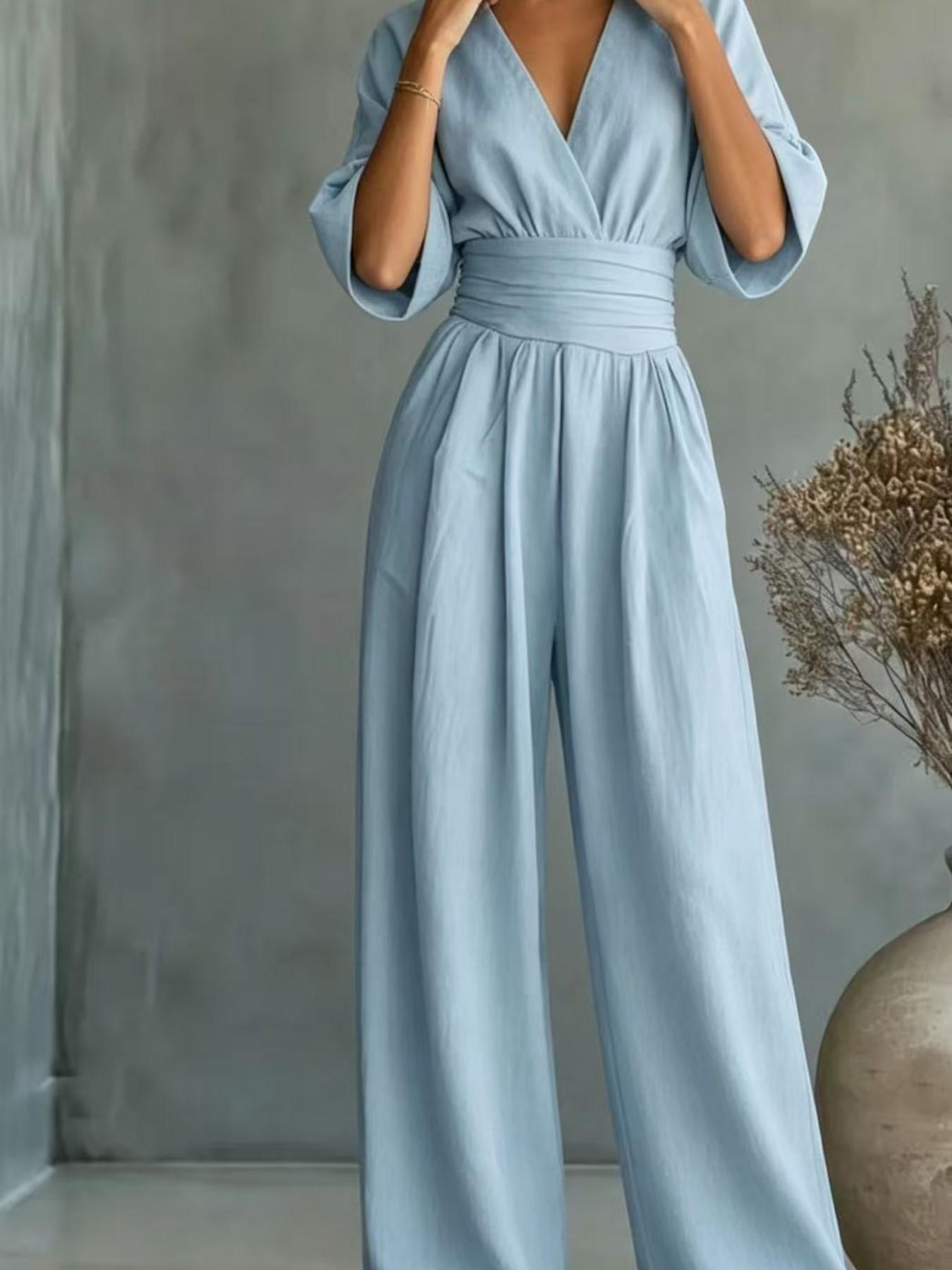 Women's Fashion Solid Color Short Sleeve V Neck Bodycon Pants, Comfortable Soft Fabric, Multi Colors, Casual Office Vacation Style, Casual Jumpsuits, Womenswear