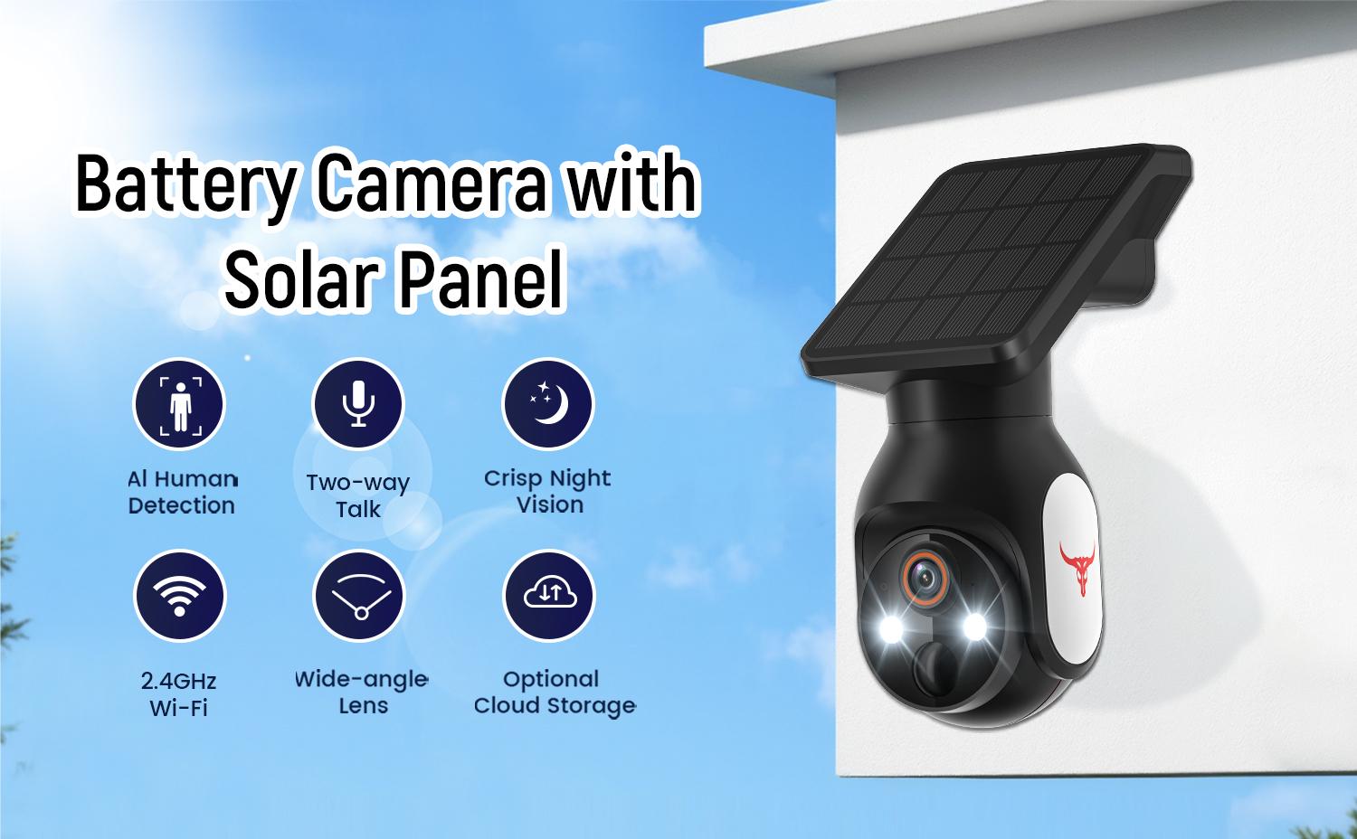 Security Camera with Solar Panel, Wireless Outdoor, Camera for Home Security, Battery Powered, Pan Tilt, AI Motion Detection, Night Vision, 2-Way Talk, IP65, Cloud Storage, Human Detection, 2.4GHz Only