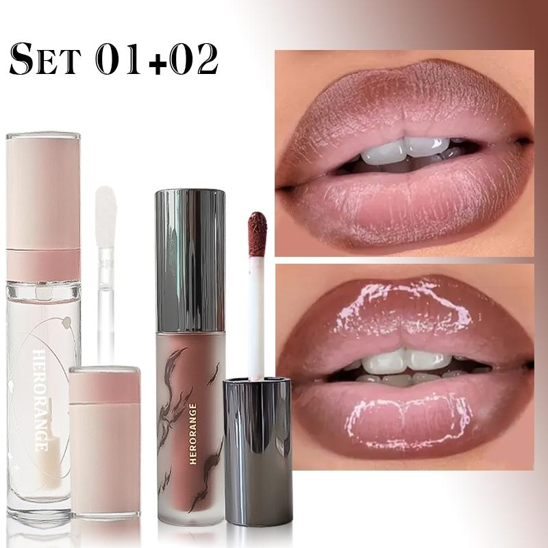[HERORANGE Lipstick & Lip Gloss Set] Silky Matte Lipstick and Nourishing Lip Gloss Set with Smooth Vibrant Color, Easy to Layer, Moisturizing and Hydrating, Suitable for Stage Performances, Parties and Dates