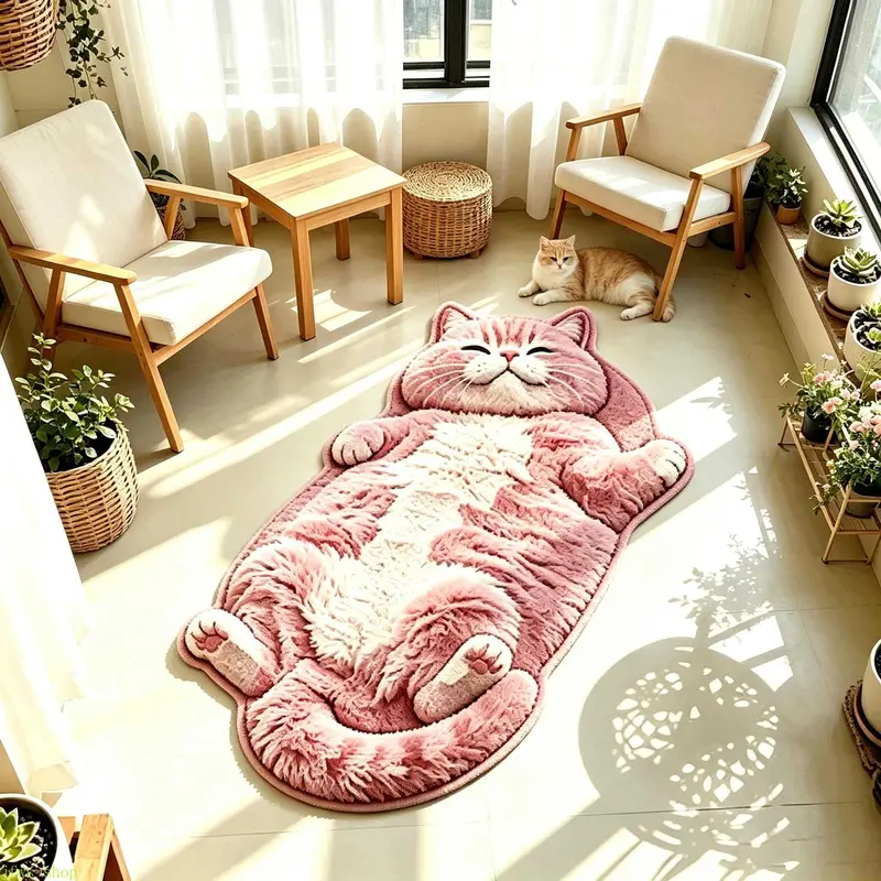 Cat Shaped Plush Area Rug, Fluffy Cartoon Cat Floor Mat, Soft Animal ...