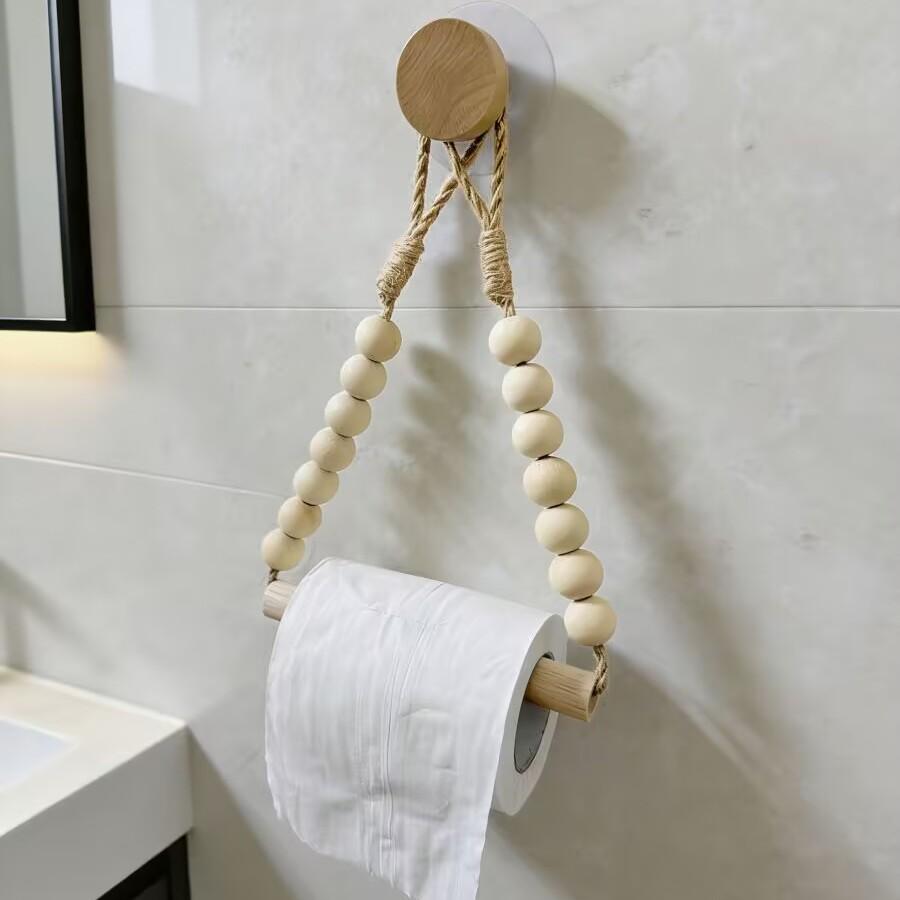 No-Drill Toilet Paper Holder, Rustic Style Hemp Rope Wood Ball Design, Adhesive Installation, Bathroom Accessory, Easy to Use