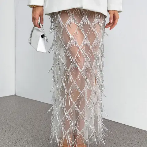 Fashion Sexy Sheer Mesh Fringe Sequin Midi Skirt