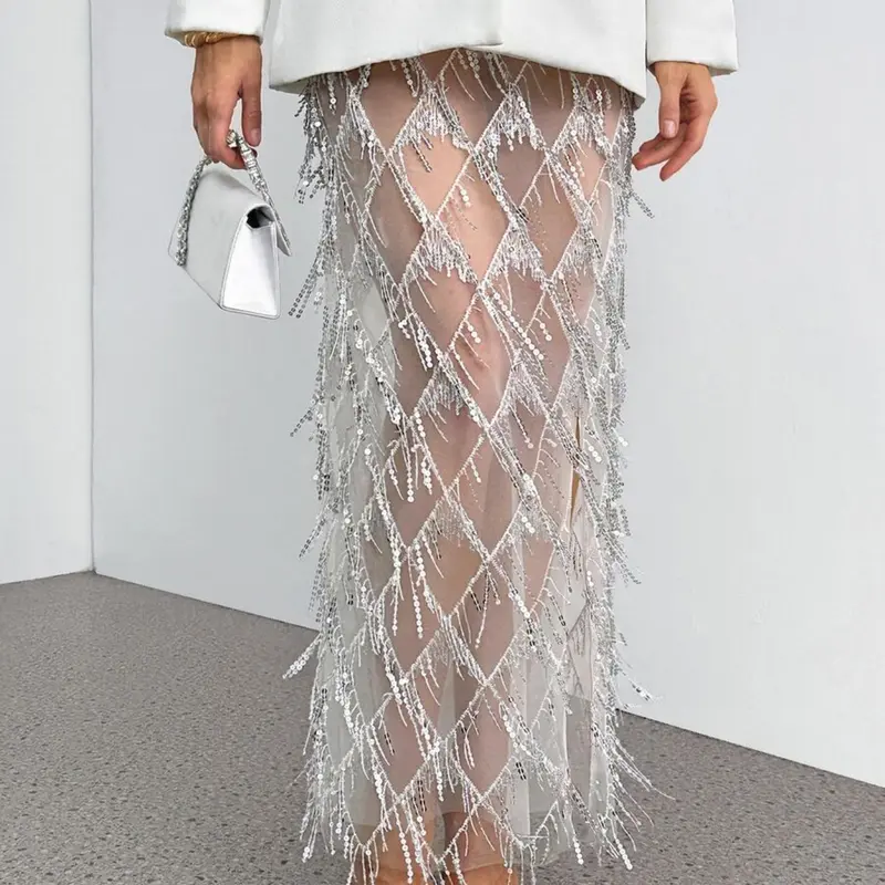 Fashion Sexy Sheer Mesh Fringe Sequin Midi Skirt