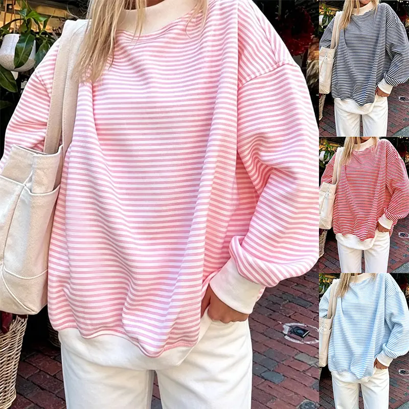 Women's Striped Oversized Sweatshirt Color Block Crewneck Long Sleeve Pullover Fake Two Piece Top Casual Comfy Fall Transition Outfit WFH Cozy Loungewear Slouchy Everyday Trendy Basic Clothes Preppy Aesthetic Sweats