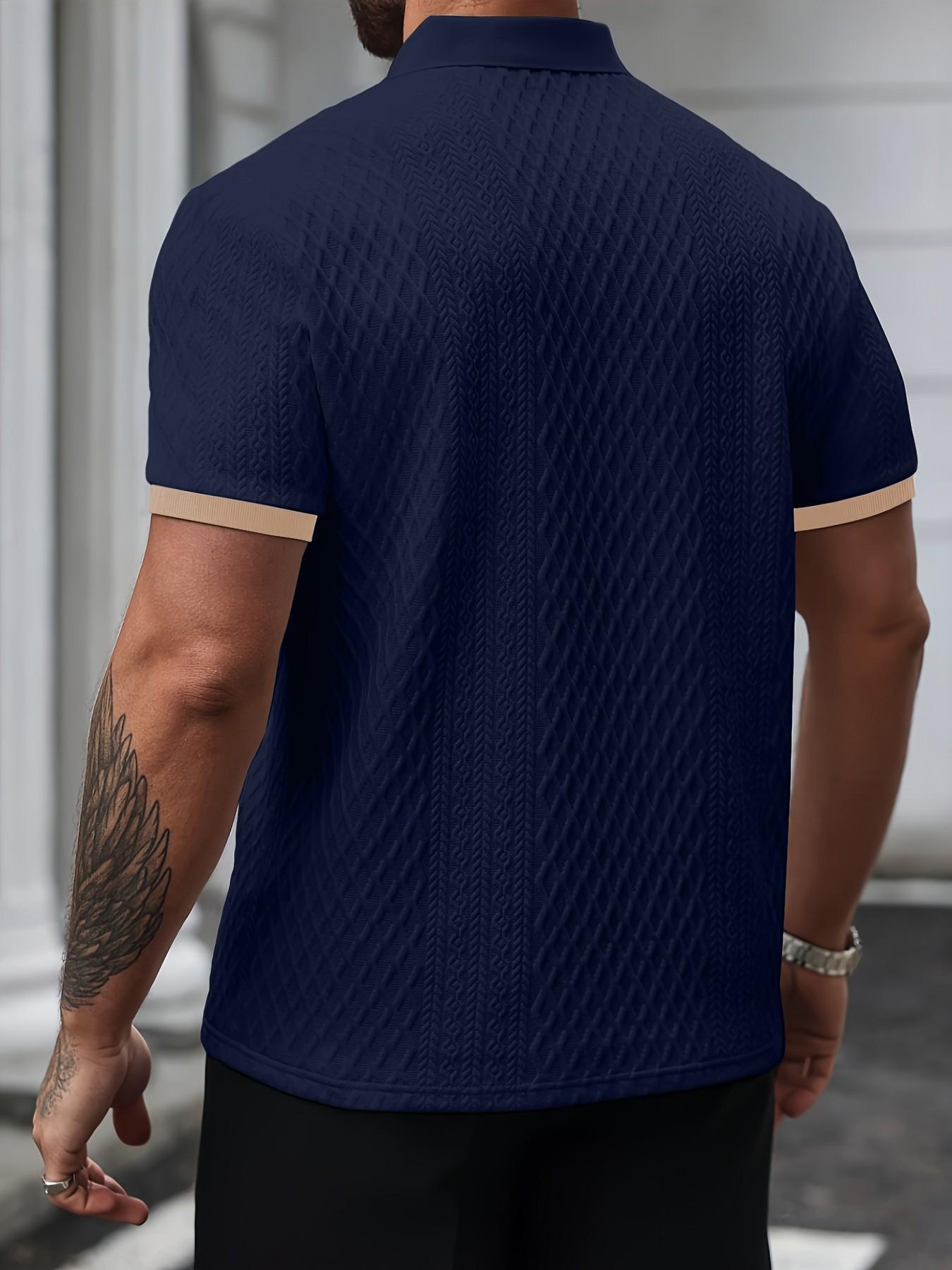 Men's Colorblock Polo Shirt with Textured Pattern, Button Short Sleeve, Geometric and Letter Print, Casual Daily Wear