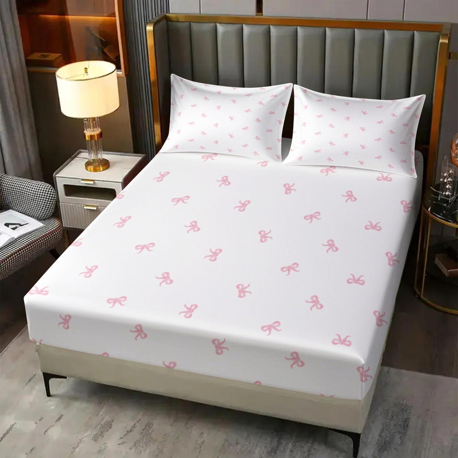 3Pcs Minimalist Bow Print Fitted Sheet Set, Cute Heart-Accented Bed Sheets for Bedroom, Warm Gift for Girls and Women