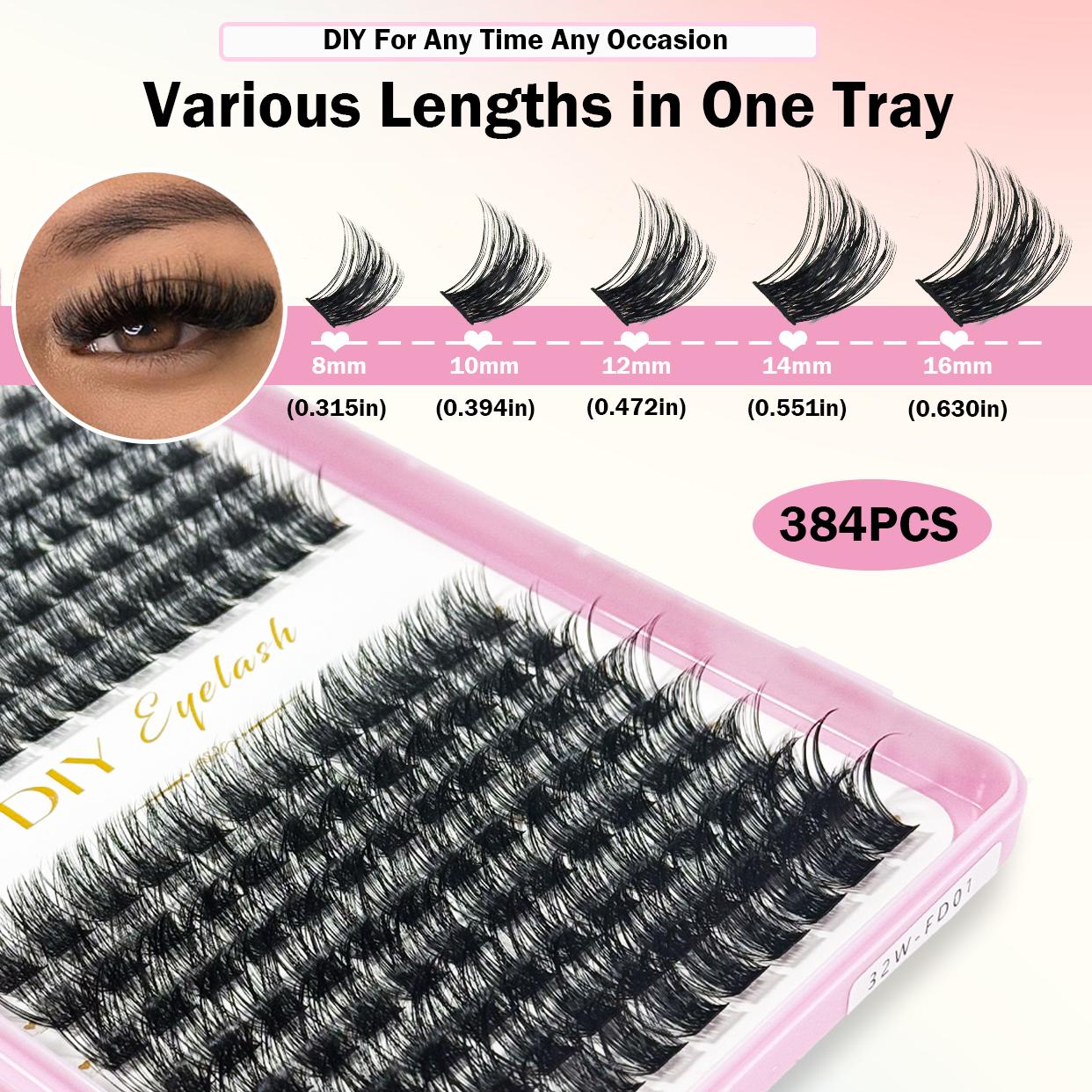 384 Cluster Independent Eyelash Set Natural 3D False Lashes Segmented Extension Kit 8mm-16mm Mixed Lashes DIY Eyelash Extensions Suitable for Women and Girls