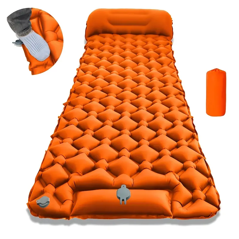 1-person ultra light inflatable camping mattress with pump - quick inflation/deflation sleeping pad, portable headrest outdoor air cushion, suitable for hiking, car camping, travel - orange comfortable equipment