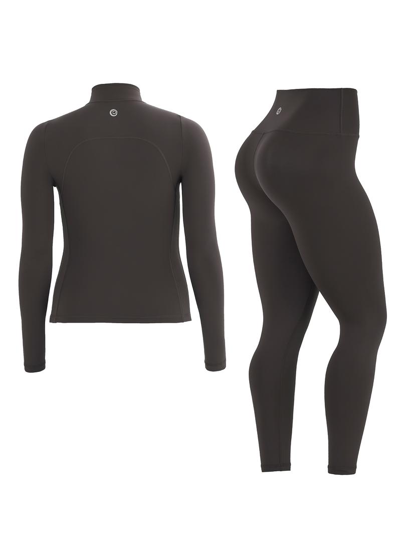 Women's Solid Zip Up Jacket & High Waist Leggings Tracksuit Set, Sporty Breathable Comfy Outfits for Yoga Gym Workout Running, Ladies Sportswear for All Seasons, Athletic Sportswear, Sports Clothing Set