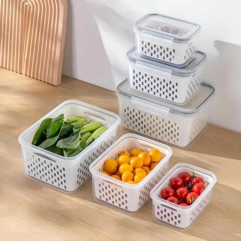 Fruit & Vegetable Storage Box, 3 Counts Double Layer Drainage Box, Kitchen Accessories Storage Organizer, Household Essentials, Kitchen Gadgets, Summer for Gift