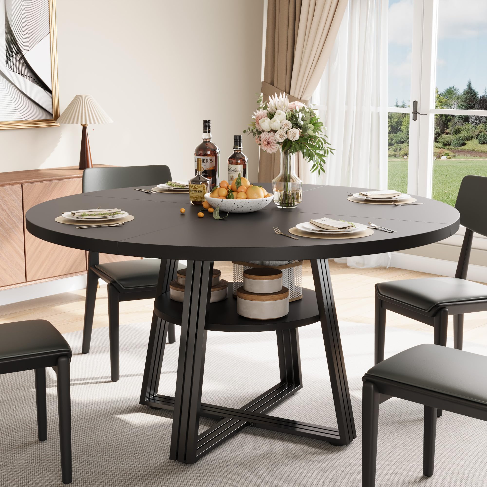 Round Dining Table for 4-6, 42" Kitchen Table with Storage, Circle Dinner Tables for Kitchen, Dining Room, Living Room, Meeting Room, Apartment