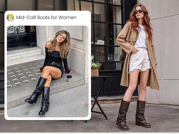 Athlefit Women's Slouchy Fold Over Boots Wide Calf Chunky Platform Low Heel Square Toe Pull On Mid Calf Boots Athlefit Women's Slouchy Fold Over Boots Wide Calf Chunky Platform Low Heel Square Toe Pull On Mid Calf Boots