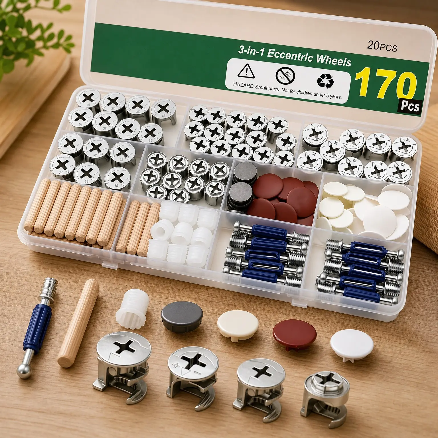 170PCS 3-in-1 Furniture Cam Lock Kit, Eccentric Hardware Wheels, Cam Lock Nuts & Cam Screws, Fasteners for Drawer Dresser CabinetGift