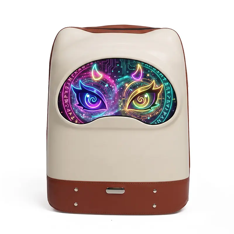 Japanese Polka Dot CyberCat Cream & Caramel LED Backpack, Wireless Programmable Screen, Brown Beige Hard Shell Work Laptop Bag, Fits 15.6" Laptop, DIY Animation, Stylish Work Bag, Hand Wash Only, Cool Tech Gift (Power Bank Not Included), Laptop Computer B