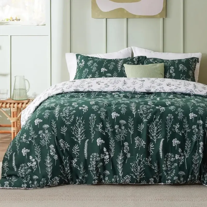 King Comforter Set Pack, Polyester Botanical Floral Bedding Set, Modern Emerald Green Soft Cozy Comforter with Pillow Shams for Natural Vibe Bedroom Decor