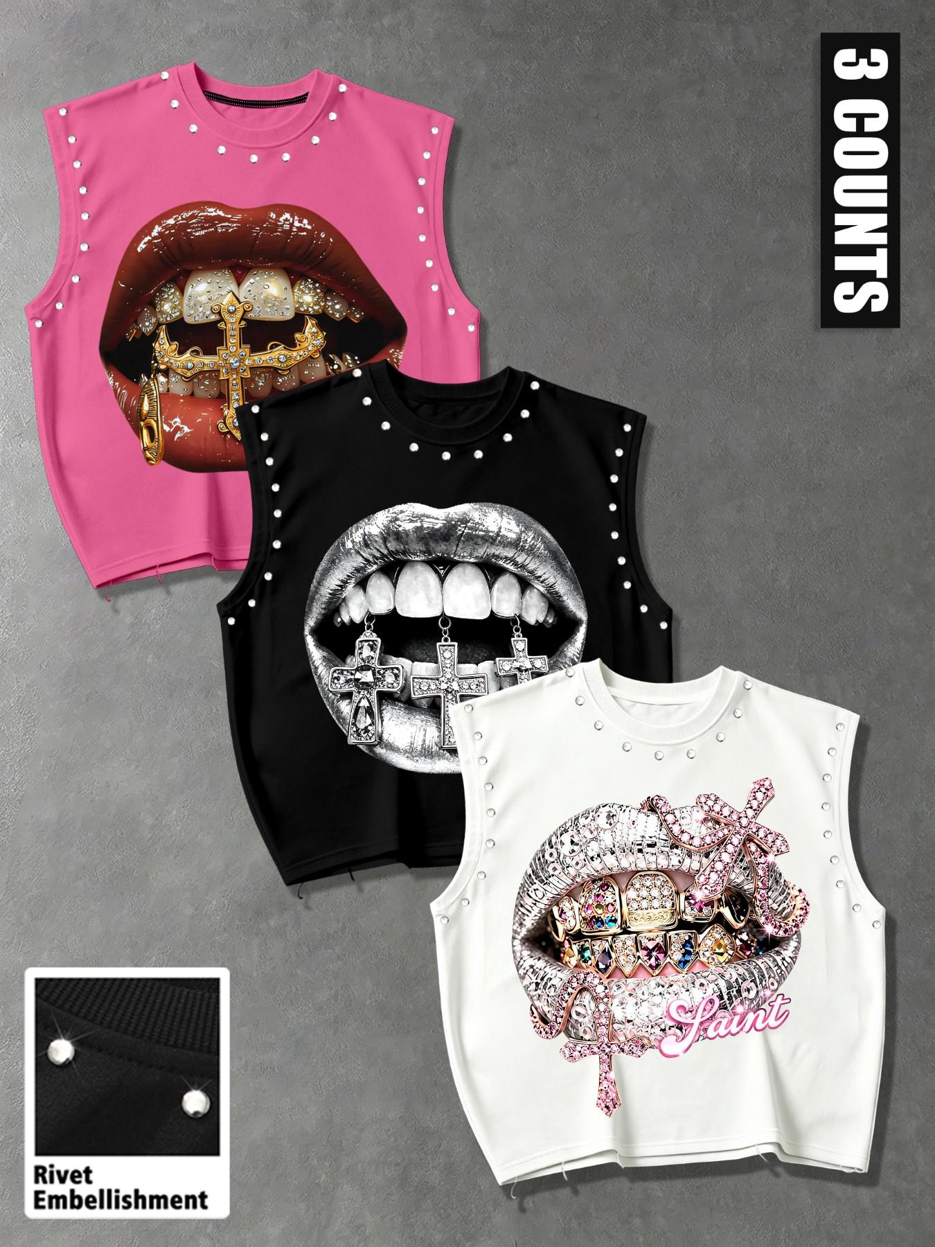 Summer Unisex Casual Vest Set, Cross Diamond Lip Print Sleeveless Top, Trendy Loose Fit, Street Style, Livehouse Party Wear, Streetwear