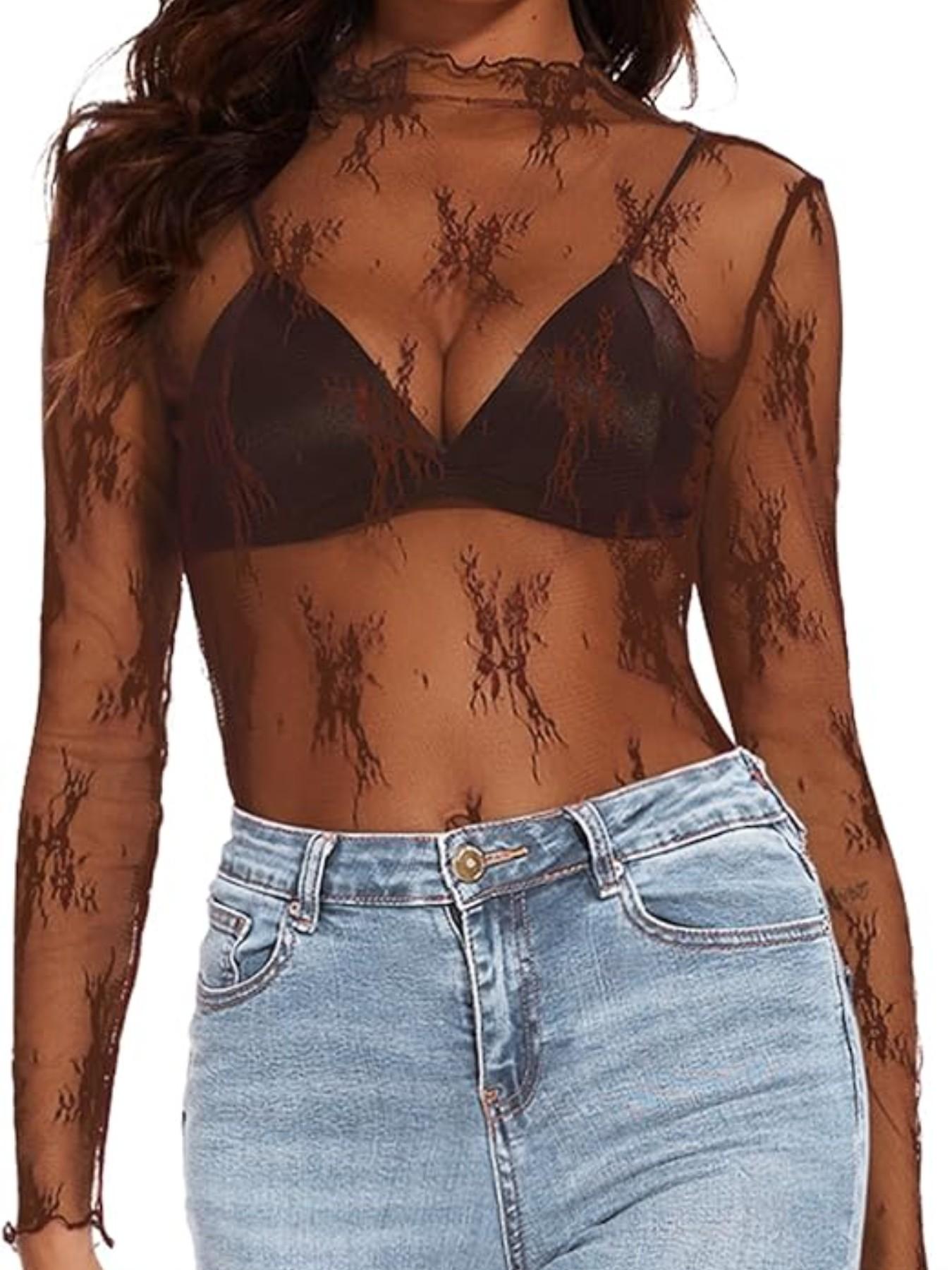 Women's Mesh Top, Transparent Lace Layered Medium Round Neck Sheer Shirt, Elegant and Stylish Design for Daily Wear