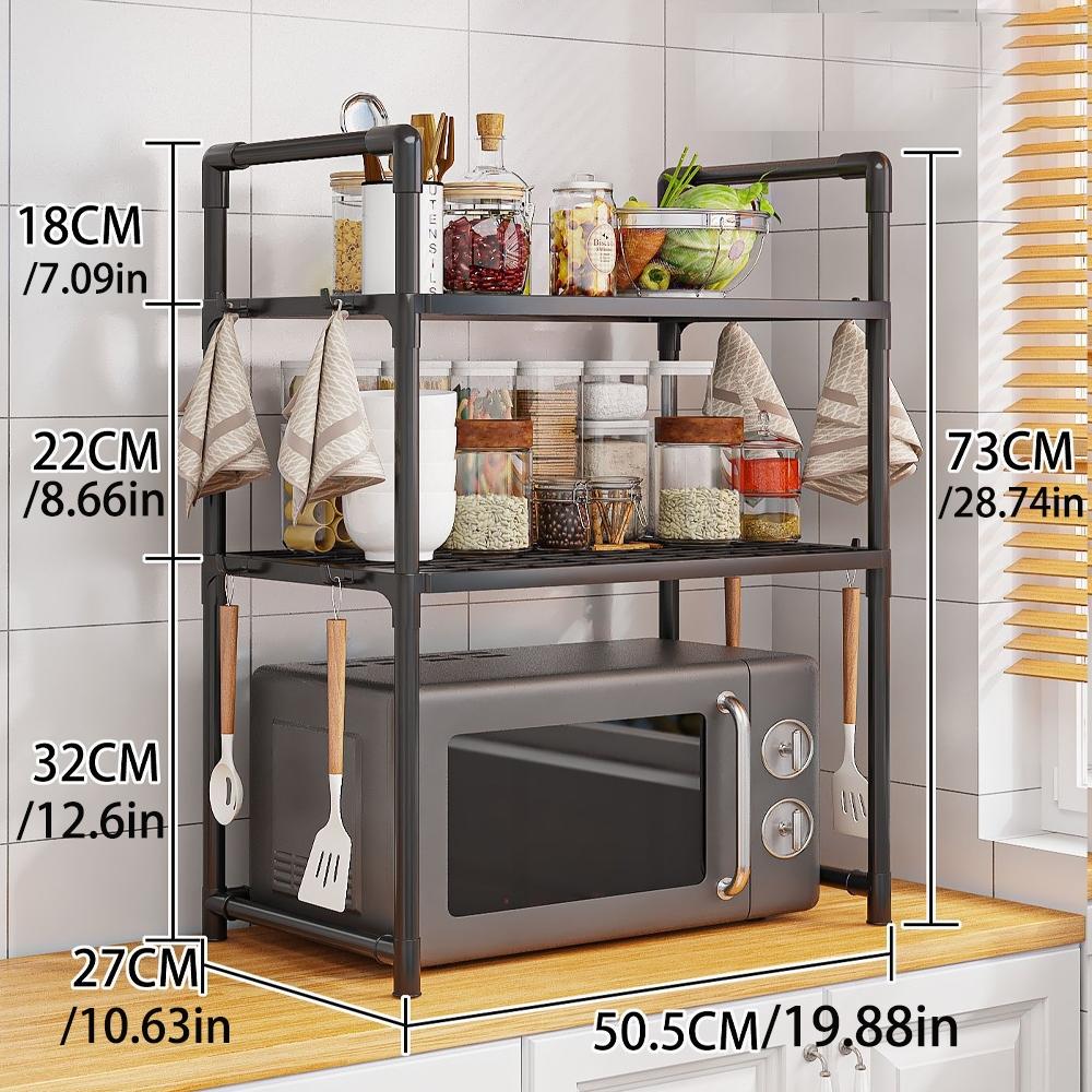 Multi-Functional Kitchen Storage Rack, Microwave Heightened Organizer, Thick Plastic Shelf for Spices & Dishes, Dual-Layer Design, Practical Hooks