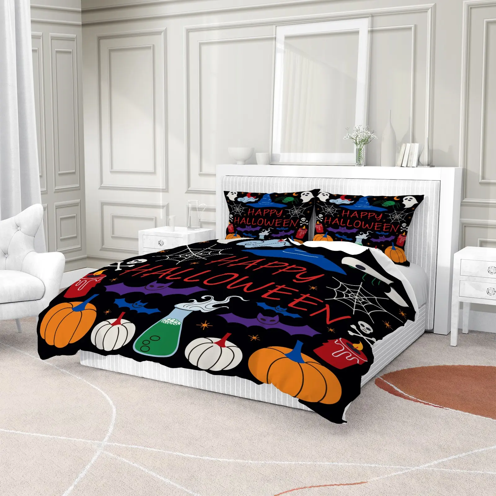 Happy Halloween Pumpkin Bat Spider Web 2/3Pcs Duvet Cover Set, Cartoon Witch Hat Ghost Potion Holiday Bedding Set--1 Duvet Cover + 1/2 Pillowcases (No Inserts), Spooky Halloween Themed Bedding For Bedroom Decoration Housewarming Birthday