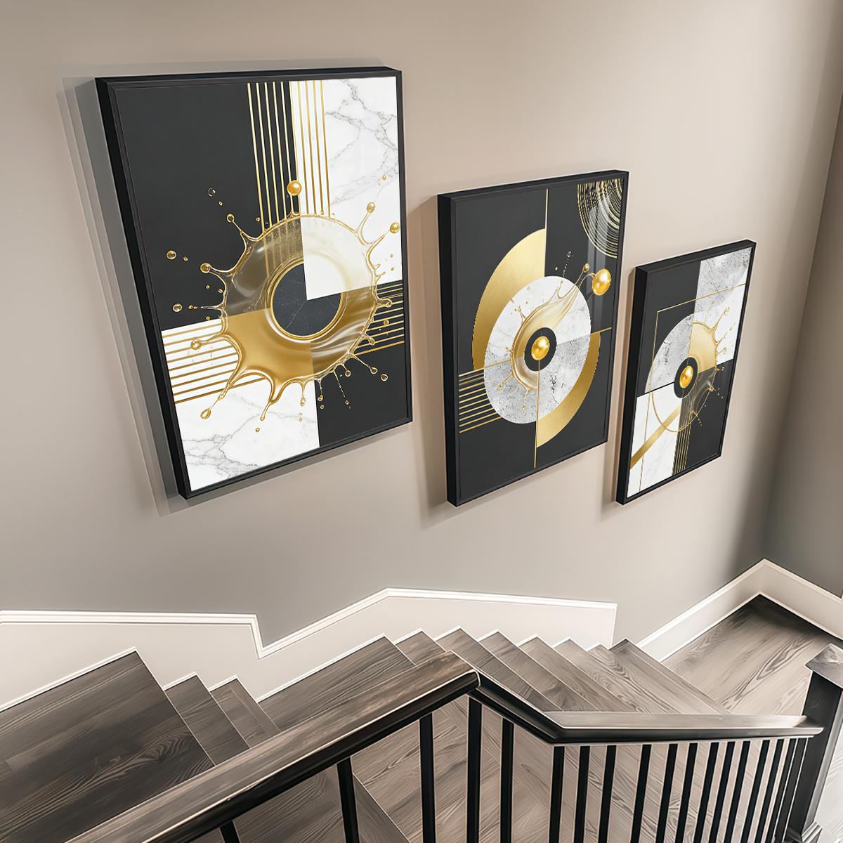 3 Counts Aluminum Alloy Framed Painting, Abstract Golden Splash Geometric Art Pictures, Home Decoration For Living Room, Bedroom, Office, Restaurant, Hallway Wall Decor, Odorless Print Artwork, Luxury Perfect Gift For Friends And Family