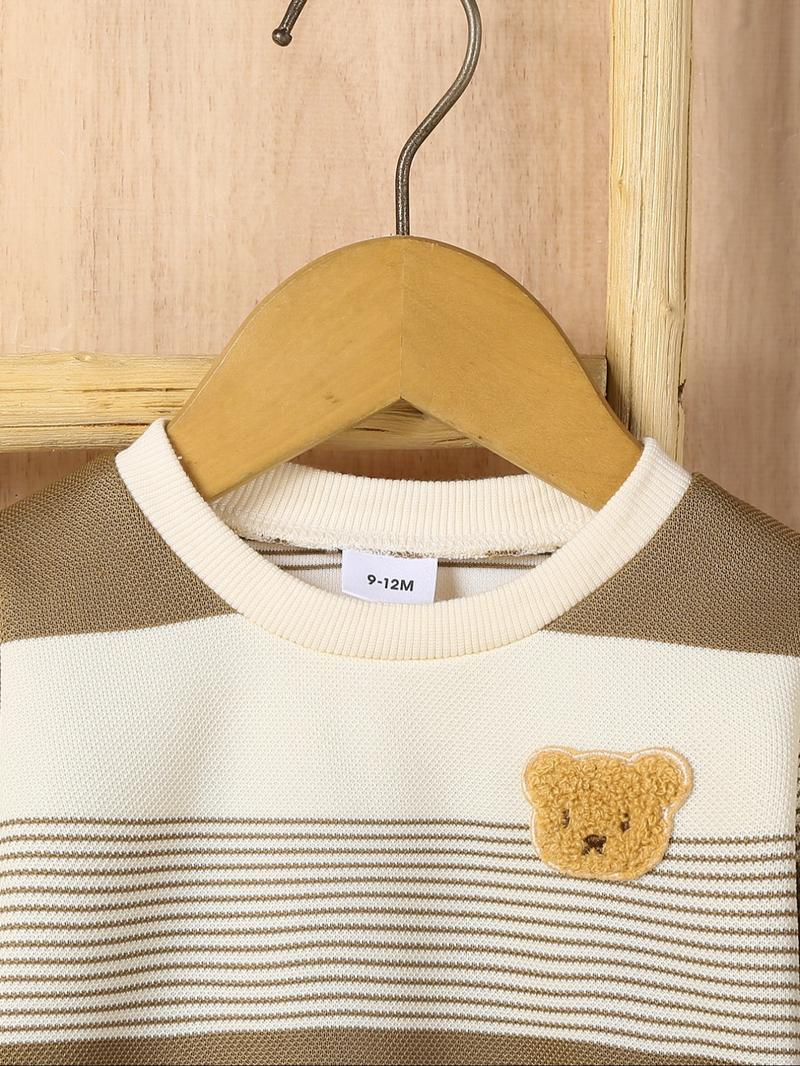 Baby Boys' Striped Bear Embroidered Long Sleeve Sweatshirt & Pants Set, Baby Boy Clothes, Casual Fashion for Fall Winter Daily Wear Outdoor Play Party Gift