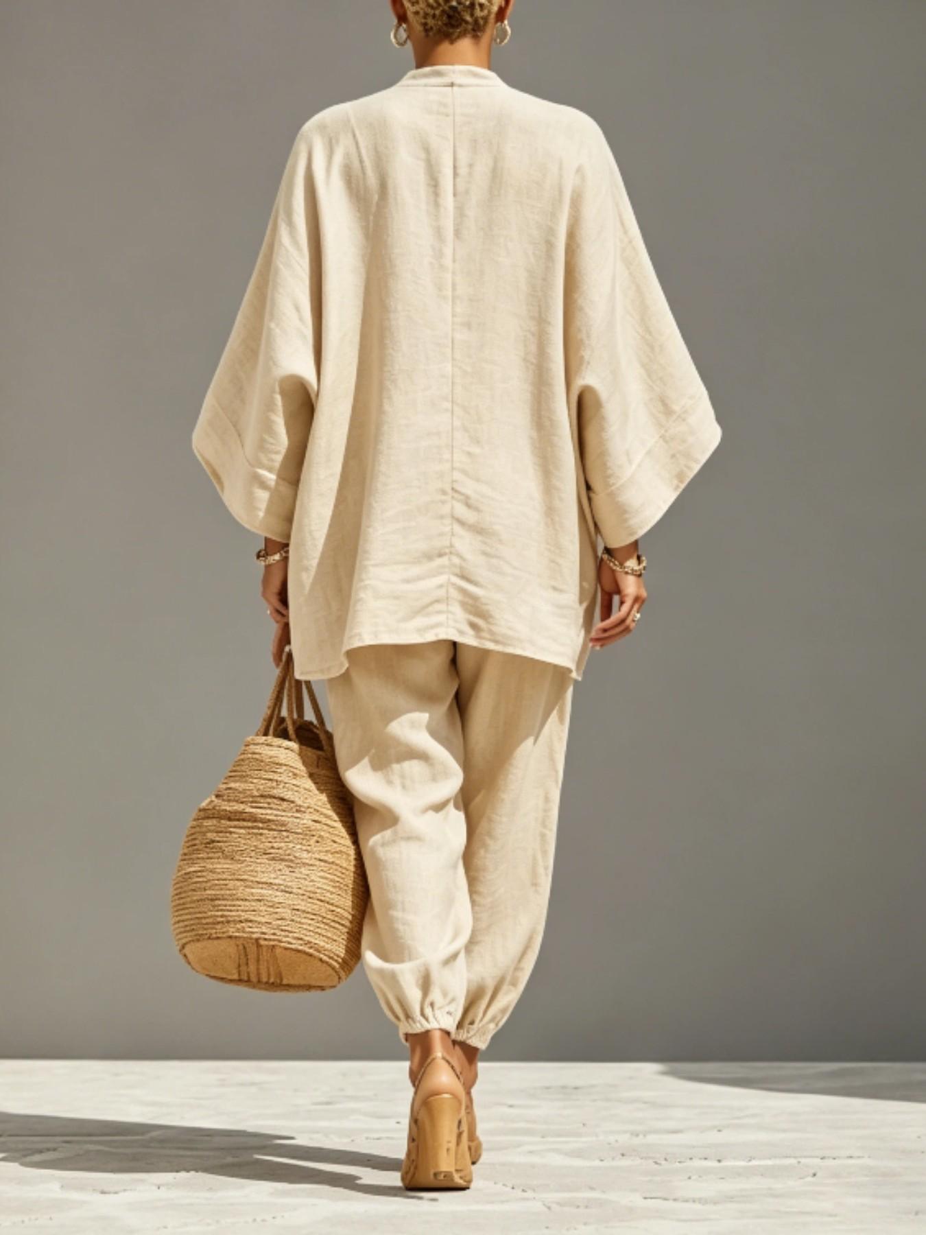 Women's Summer Loose Fit Solid Linen Deep V Neck Batwing Sleeve Pants Set, Casual Long Length, Comfortable Daily Wear, Multiple Colors Available