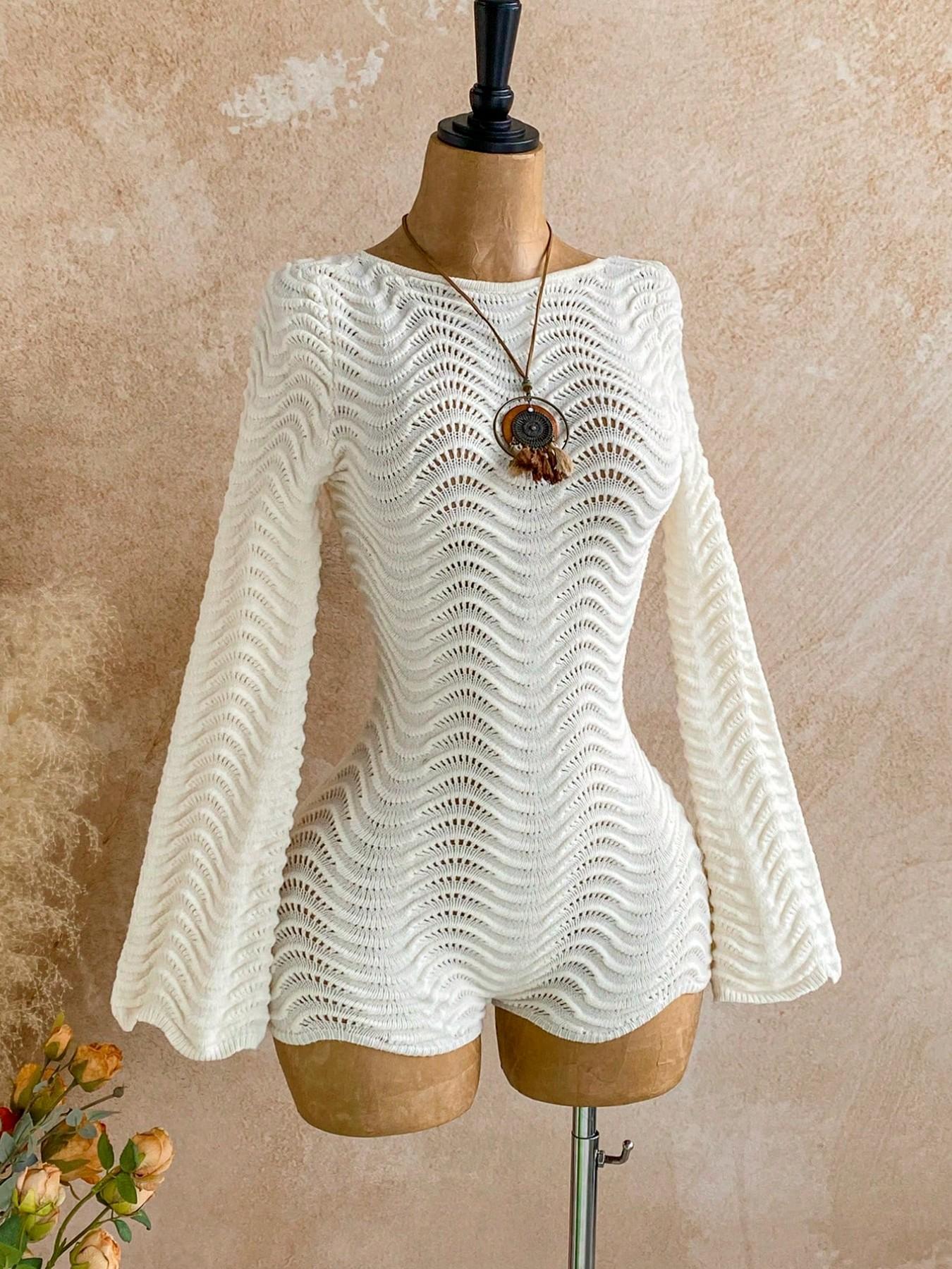Women Boho White Crochet Knit Romper Summer Hollow Out Long Flare Sleeve Backless Tie Up One Piece Jumpsuit Beach Vacation Bohemian Bodysuit Casual See Through Knitted Playsuit