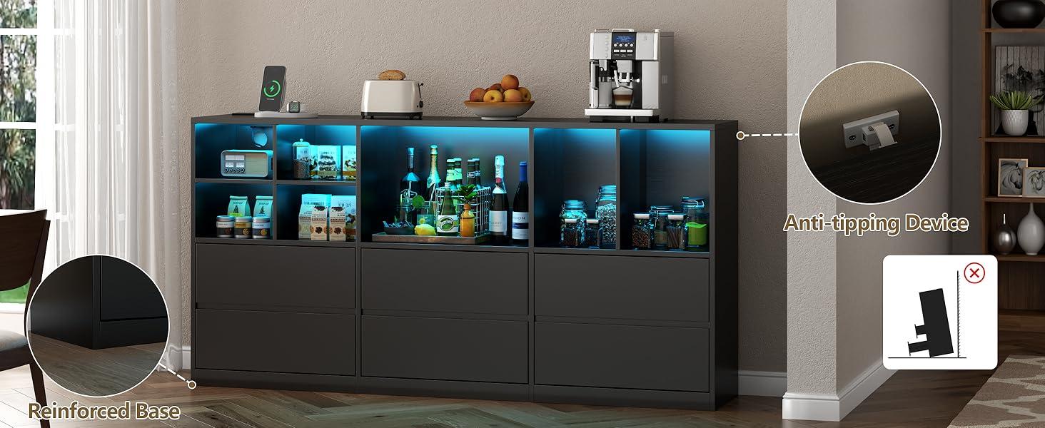 Dresser for Bedroom with 6 Drawers, Chest of Drawers with Led Lights&Charging Station, Storage Drawers with 7 Open Cubbies cicada  drawer nursery  dresser living room drawer