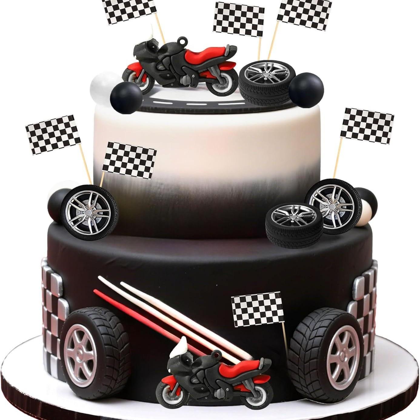 28-Piece Off-Road Motorcycle Cake Decoration Set, Includes and Racing Flags and Foam Ball Picks, 3D Motorcycle Decorative Ornaments