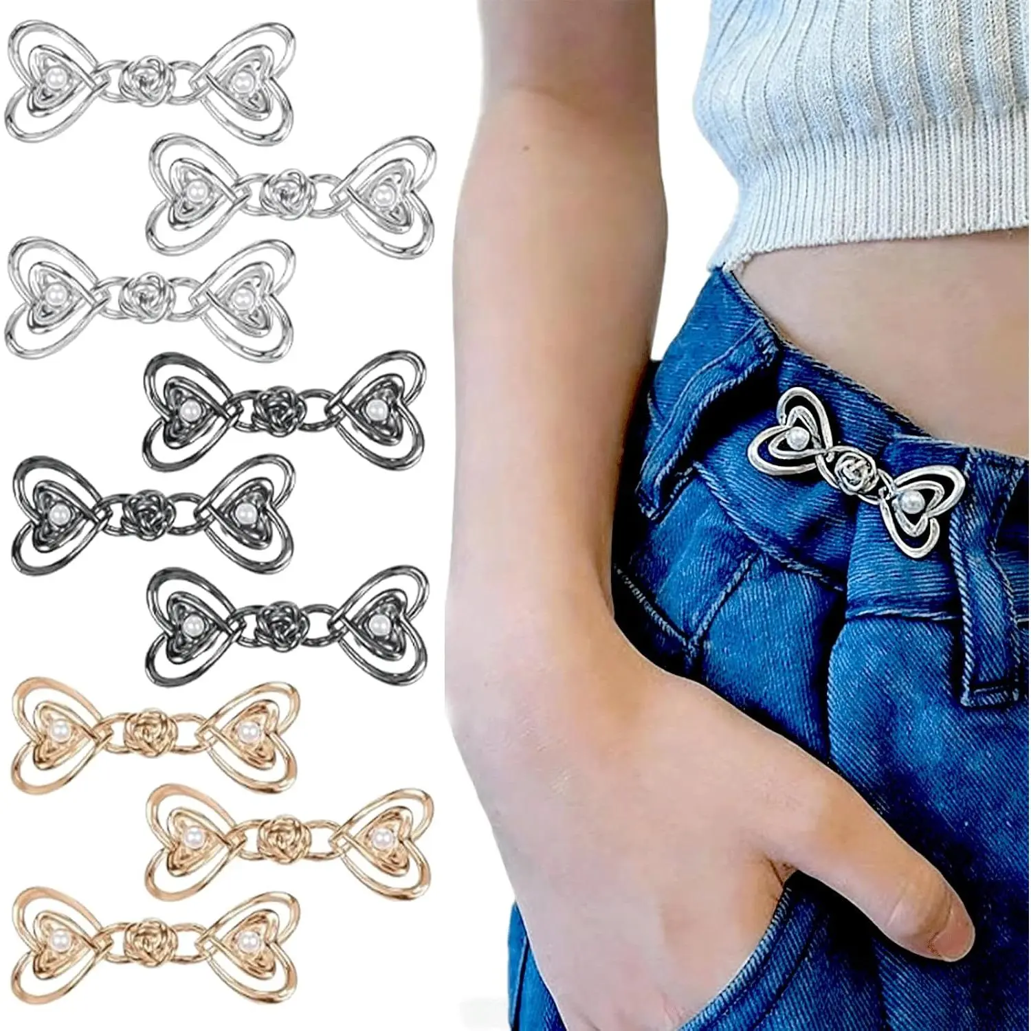 9 count Heart-Shaped  Tightener Buttons, 3 Colors No-Sew Jean  Buckles, Love Heart  Pants Button Pins, Detachable Decorative Buttons for Loose Jeans, Skirts & Pants Waistband Tightener