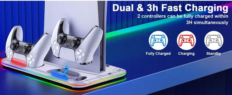 For PS5 Stand Cooling Fan for PS5 Slim, PS5 digital & disc verdion Stand and Cooling Station with Controller Charging Station for PS5 Slim, for PS5 Accessories RGB Light, 15 Game Storage LED Cooler Wearable ps5 accessories