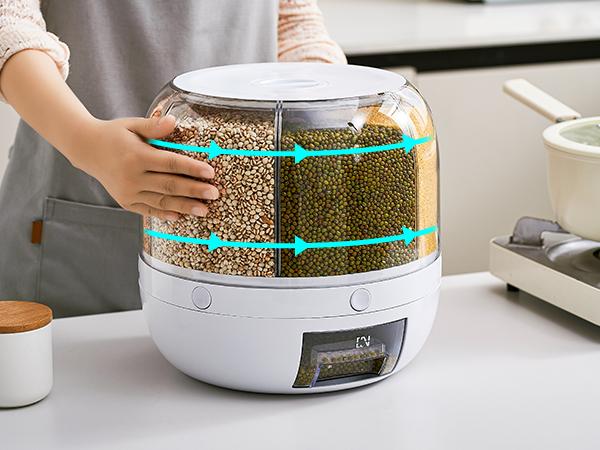 UFORU Moisture-Proof Grain Dispenser with lid, Proof & Insect-Proof, Durable Plastic,360°Rotating Design, Multi-GridGrain Storage Container Perfect for Rice, Grains, Cereals, Flour, Pet Food & Mini Candies FathersDayGift Kitchen Gadgets Kitchenware Home
