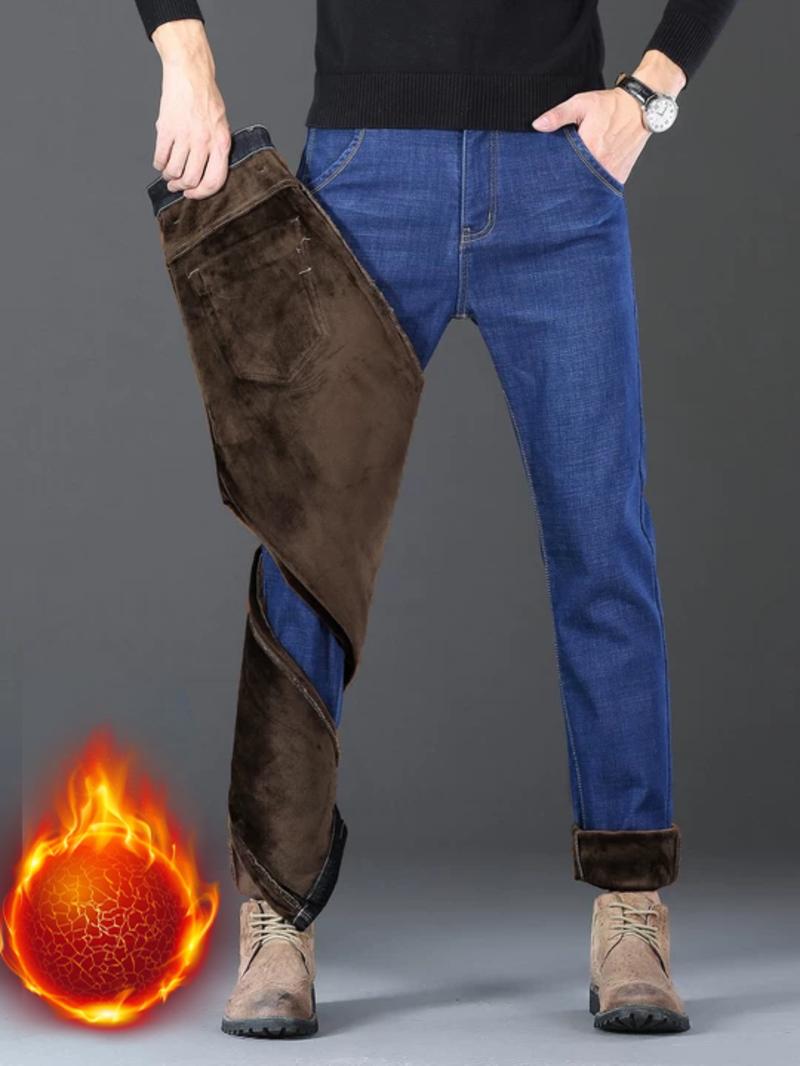 Men's Fleece Lined Thick Denim Jeans, Loose Straight Leg Elastic Big Size Business Casual Pants for Fall Winter, Comfortable & Stylish