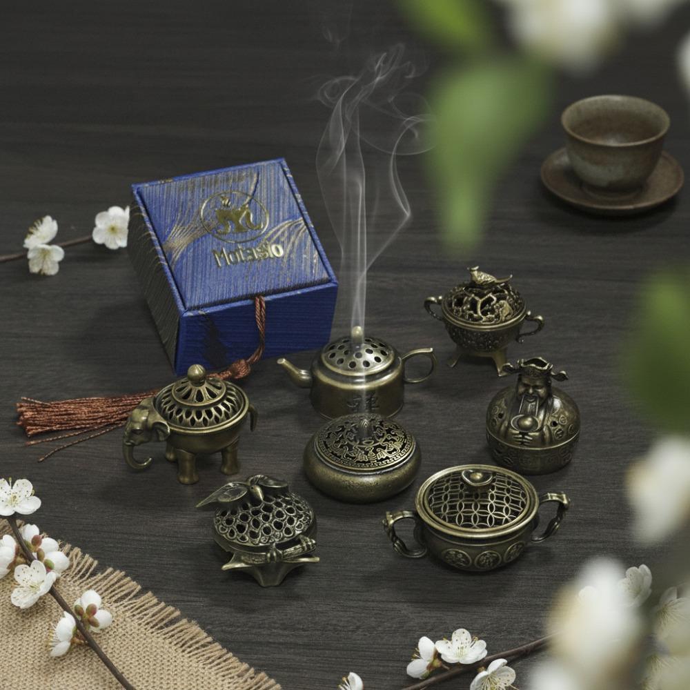 Assorted Vintage Incense Burners Miniature Ornate Metal Holders in Owl, Elephant & Teapot Designs | Desk & Home Fragrance Decor with Blue Gift Box