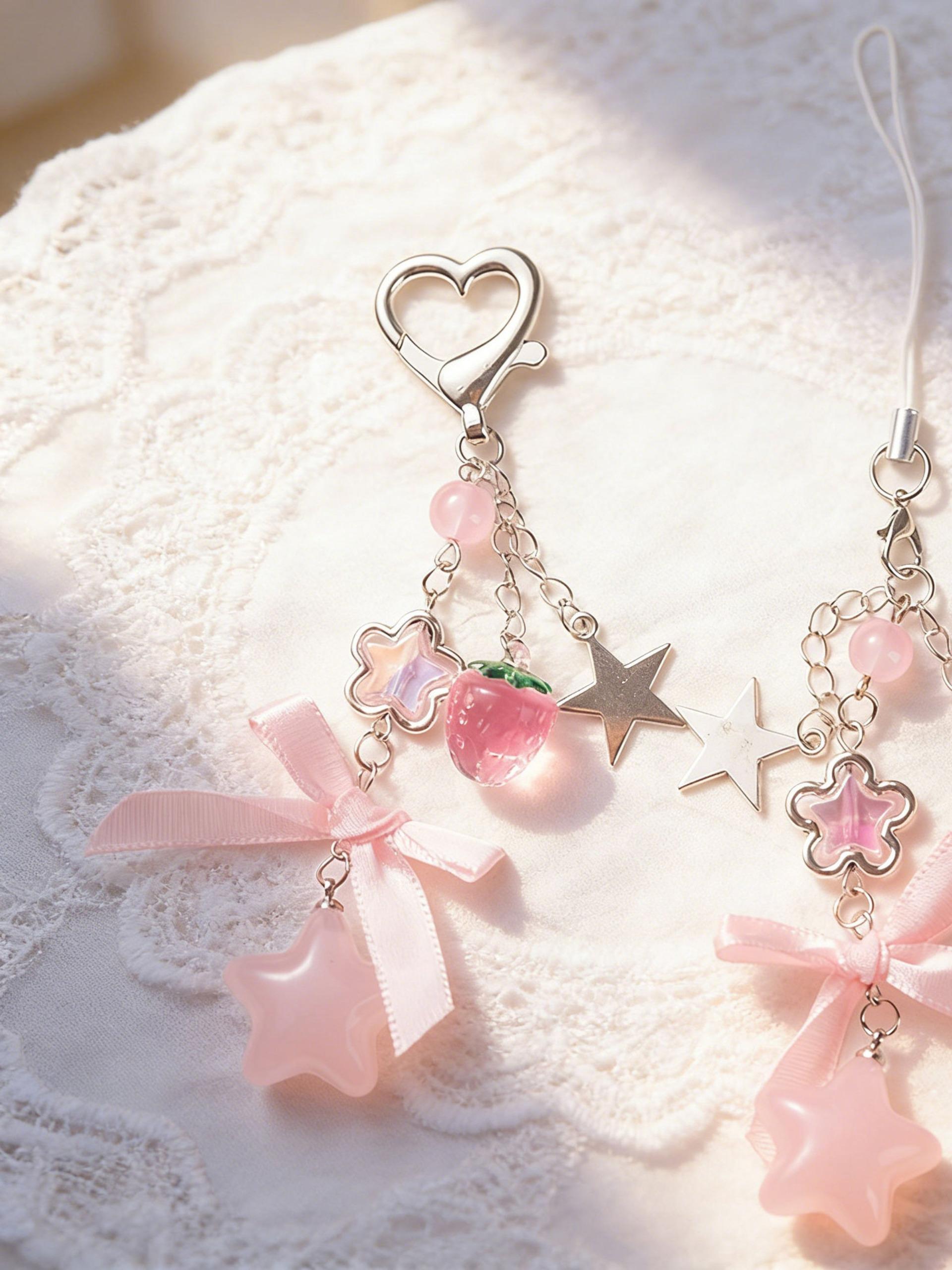 Style Soft Strawberry Star Keychain, Heart Clip + Transparent Strawberry + Matte Star, Bag Charm, Earphone Case Decor, Unique Gift for Friends