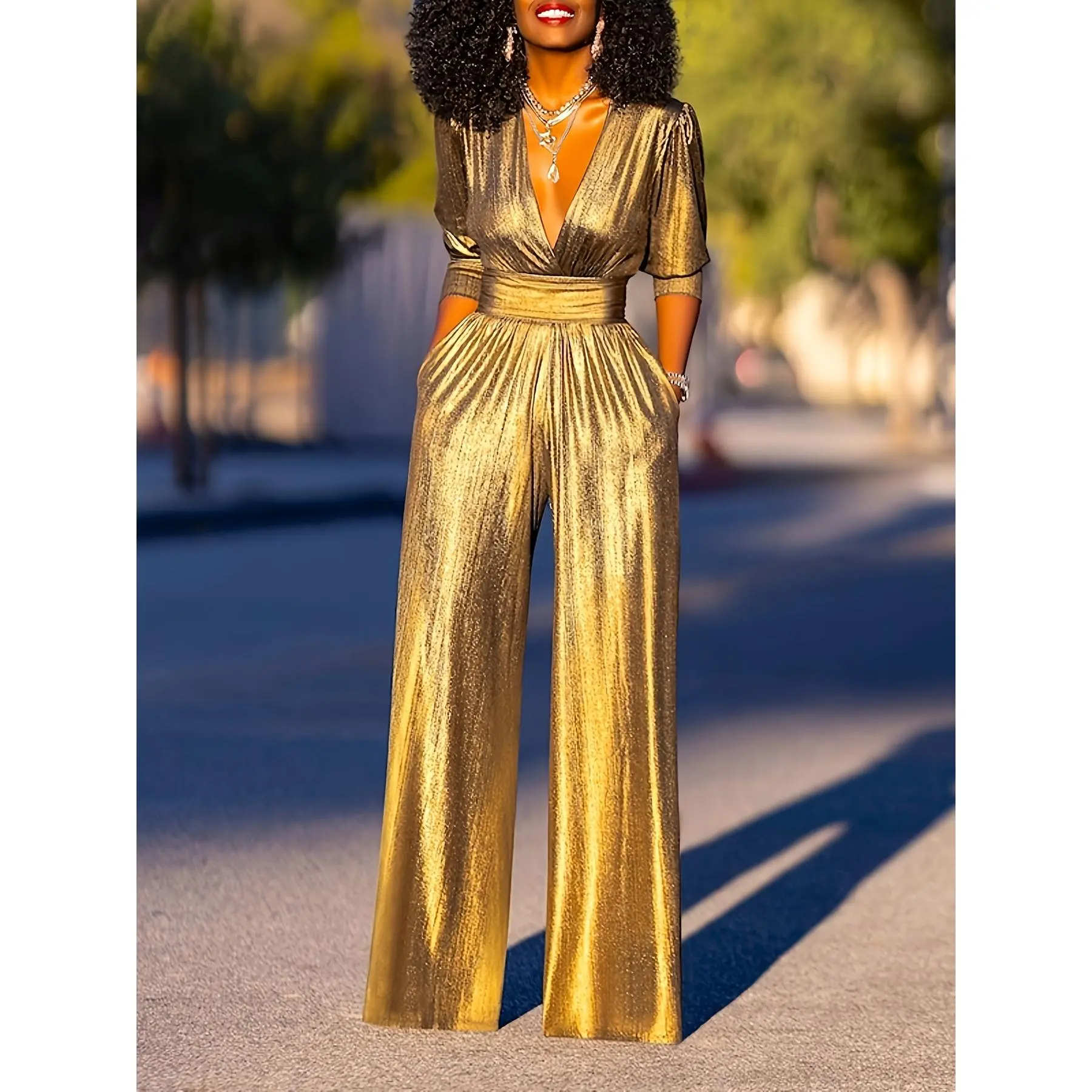 Women's Shiny Deep High Waist Wide- Jumpsuit - Elegant Three-Quarter Sleeve Bodysuit Suitable for Evening Weddings, Parties & Fall Outfits, Loose-Fit Trousers, Solid Color Full-Length Pants